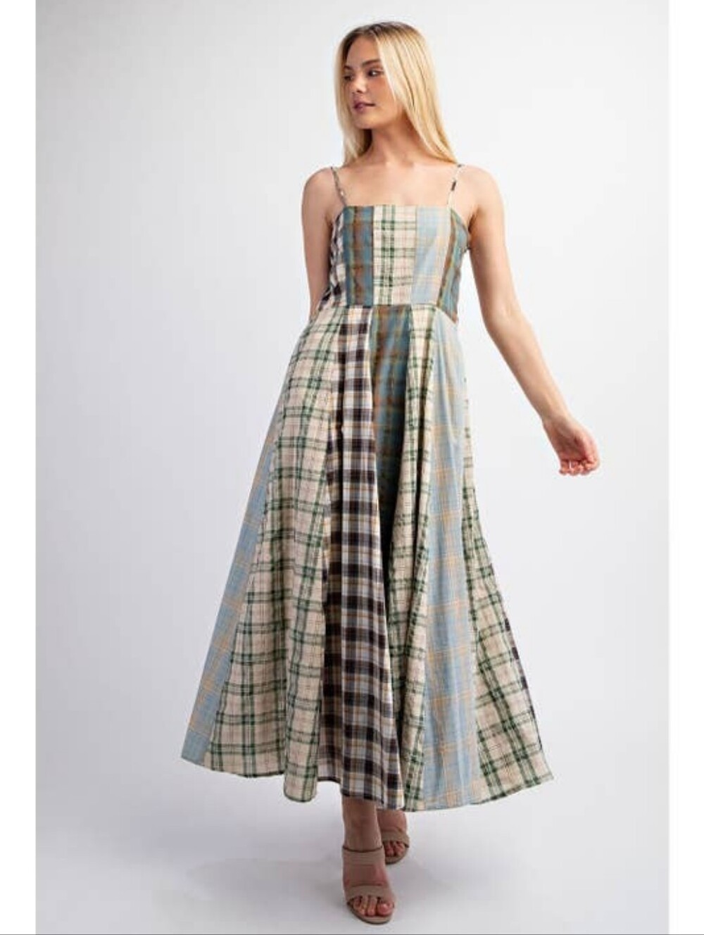 Plaid Gingham Patchwork Midi Dress Square Neck Green Size M Western Cottage Fall
